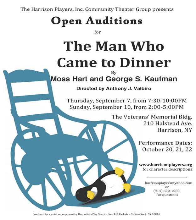 The Harrison Players Present:  OPEN AUDITIONS for "The Man Who Came To Dinner"