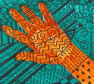 A drawing of a hand with orange, aqua and black colors and patterns.