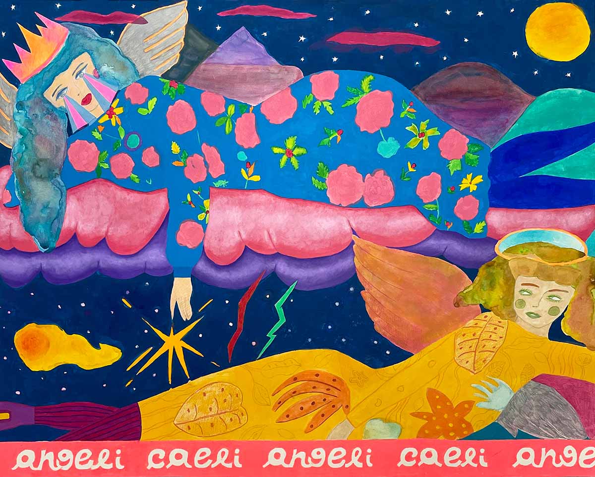 Artwork by Gabriella Mazza, Angeli Caeli, 2022, Acrylic, Gouache, Colored Pencil, and Crayon on Paper, 30"x40"