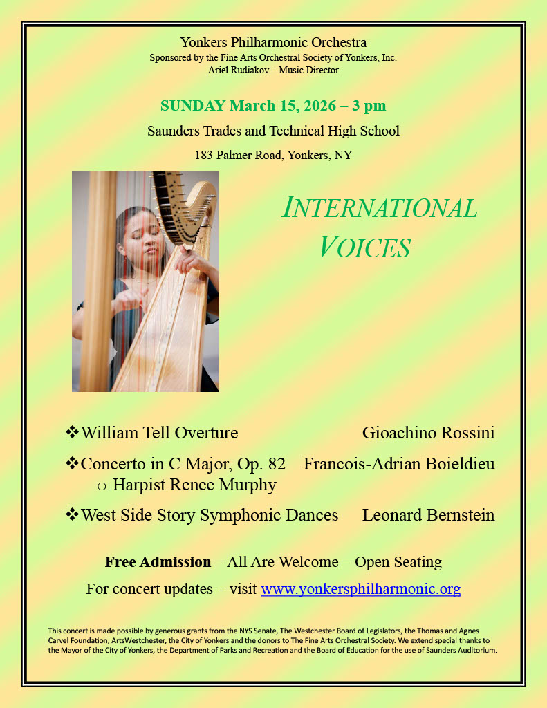 "International Voices"  Yonkers Philharmonic Sunday March 15, 2026 Concert