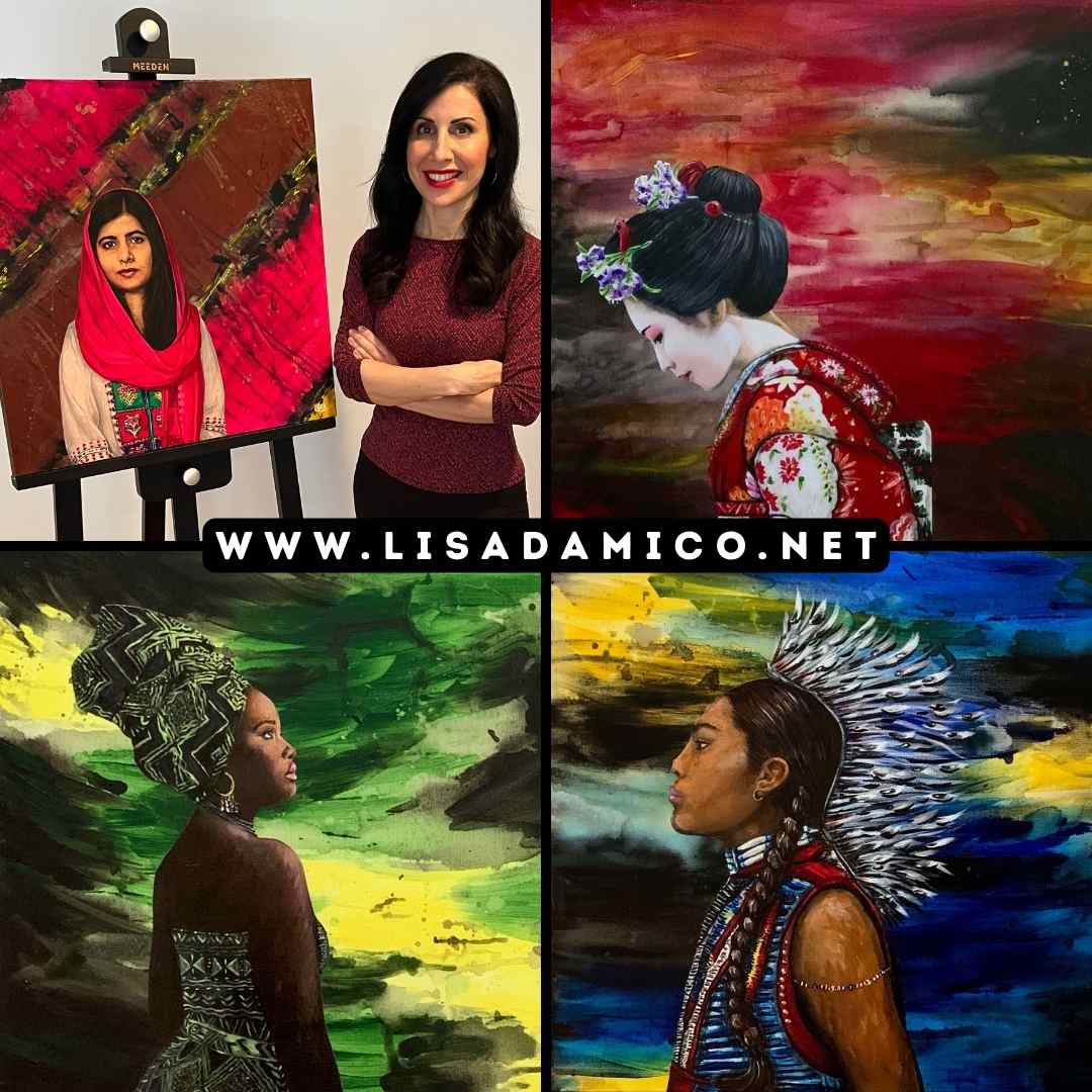 Fine artist standing with her artwork.